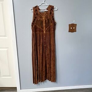 MPH Vintage Brown Rayon Embroidered Sleeveless Maxi Dress Boho Waist Tie Large